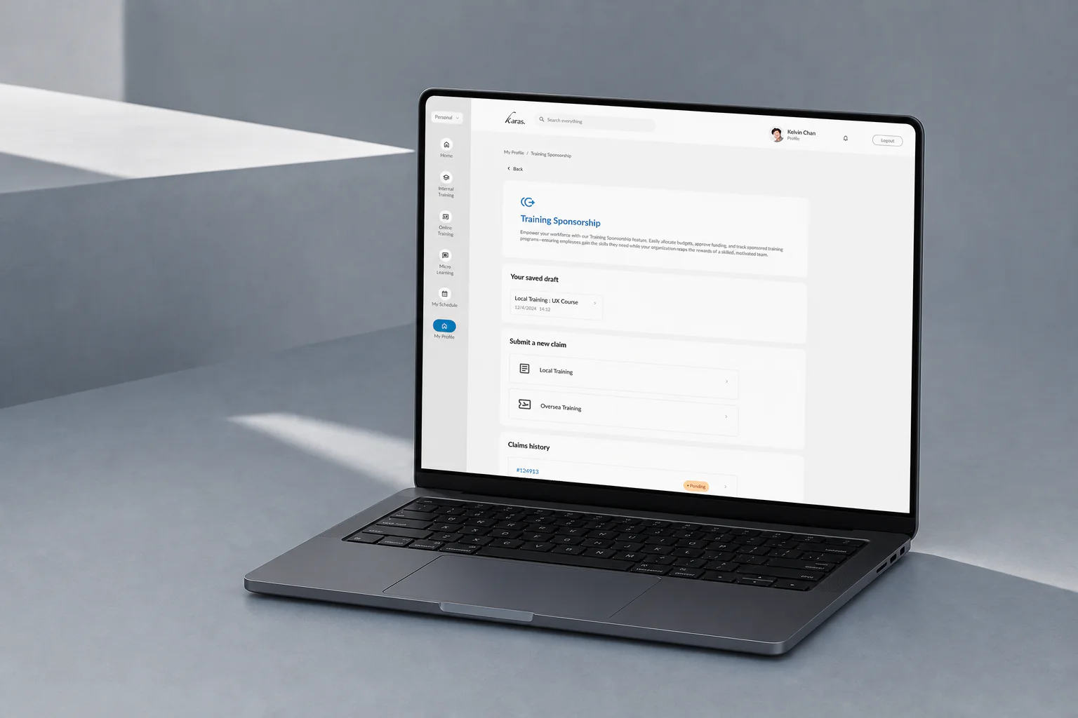 MacBook mockup showing the Karas training sponsorship interface