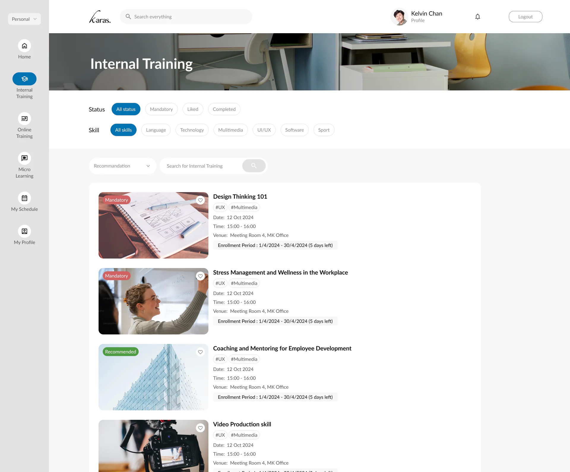 Karas internal training course listing interface